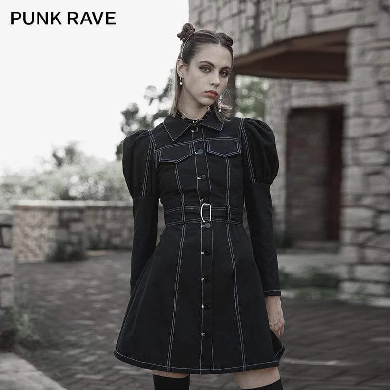 Women's Punk Turn-down Collar Puff Sleeved Dress