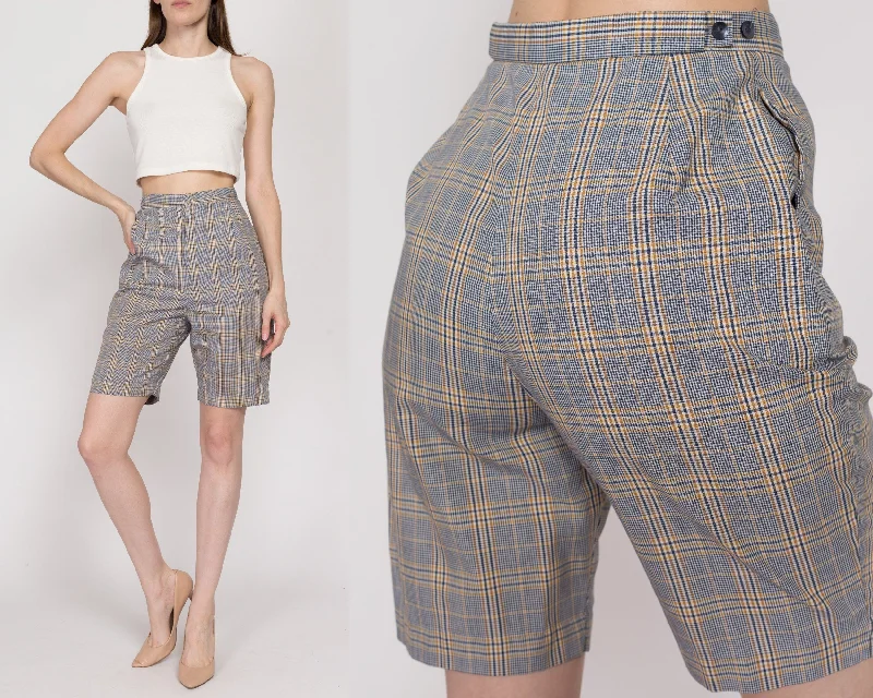 XS 60s Blue & Yellow Plaid High Waisted Shorts 23"-25"