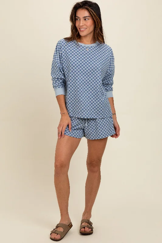 Blue Checkered Plaid Pullover Shorts Set