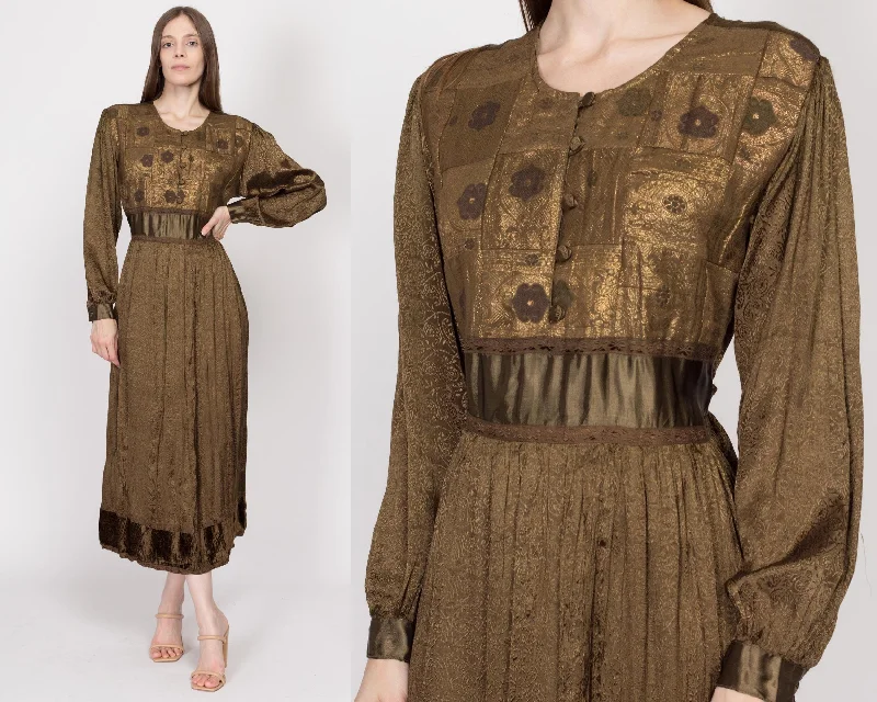 Sm-Med 90s Boho Olive Brocade Maxi Dress