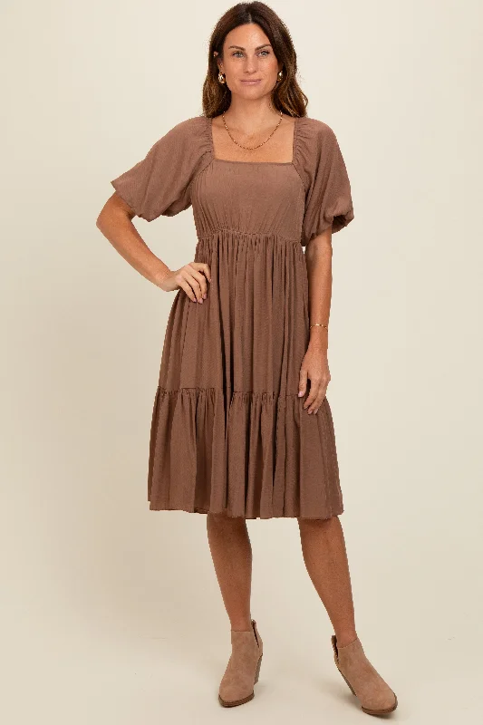 Brown Square Neck Puff Sleeve Dress