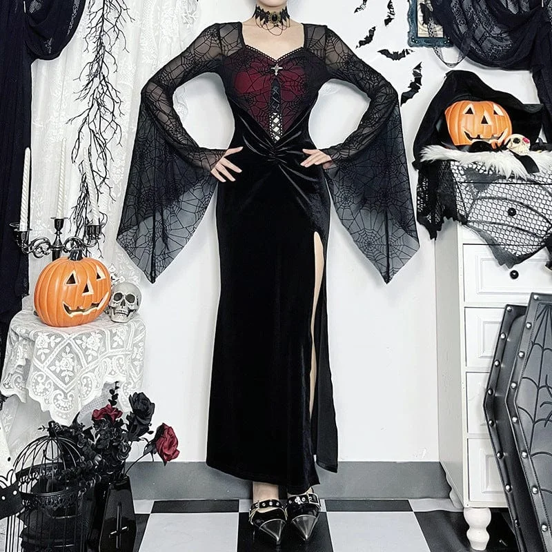 Women's Gothic Flared Sleeved Velvet Splice Witch Dress