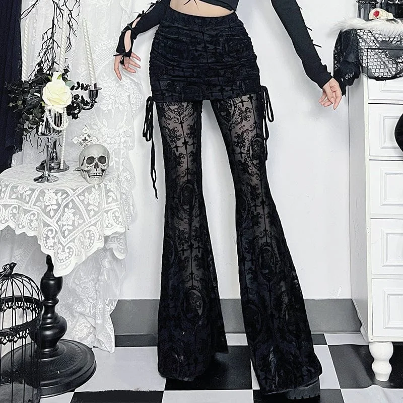 Women's Gothic Floral Lace Sheer Bell-bottomed Pants