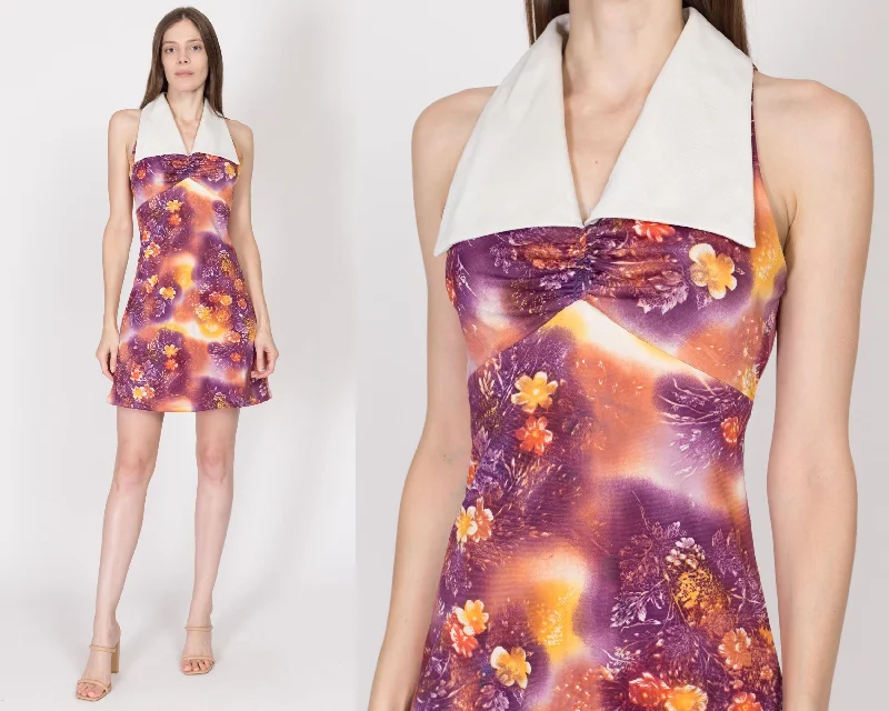 Small 70s Purple Floral Collared Mini Dress