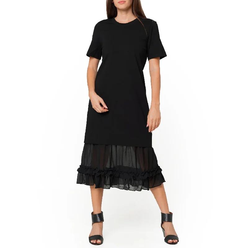 Sheer Contrast Ruffle Hem Midi Dress In Black