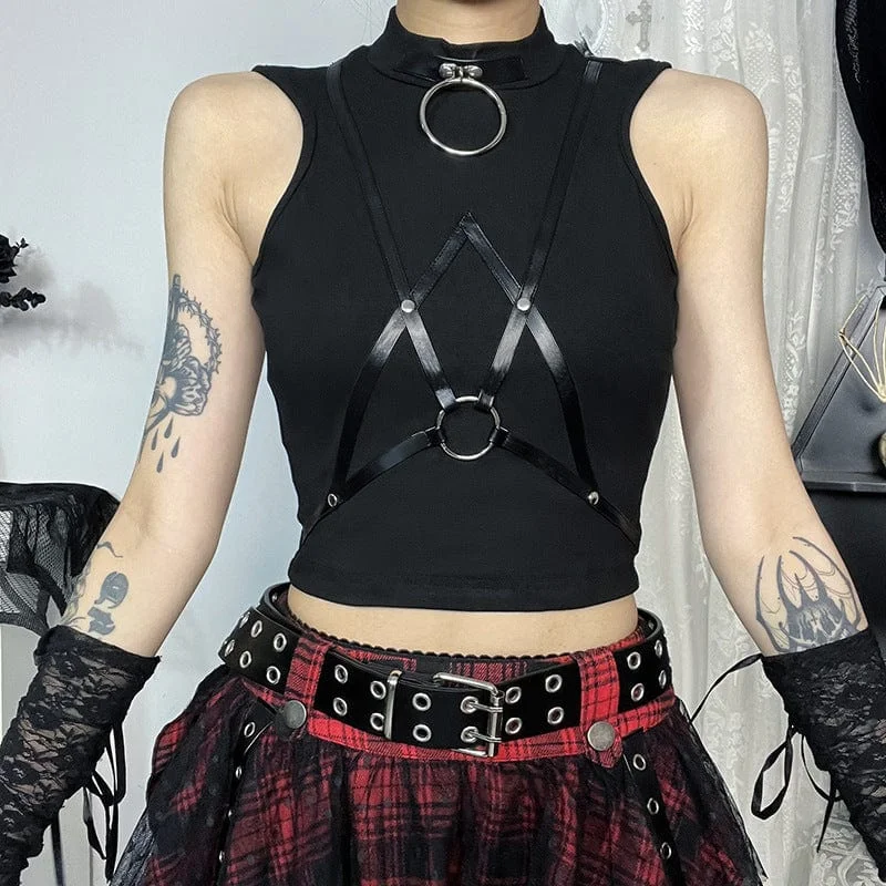 Women's Punk Ring Faux Leather Belt Tank Top