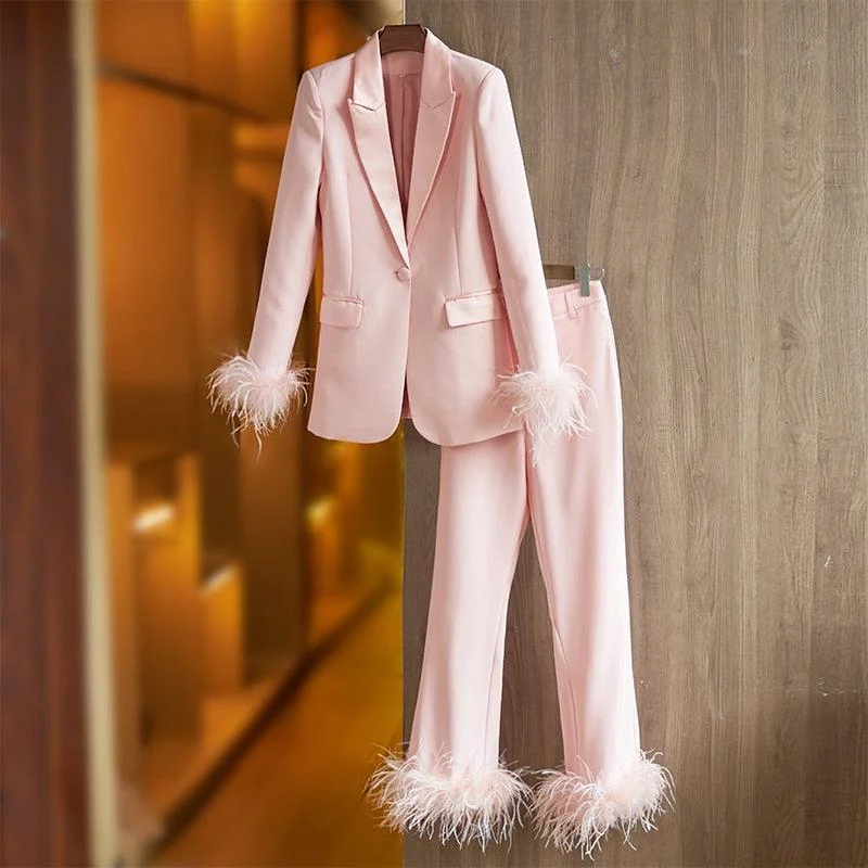 Luxury Pink Feather Pantsuit