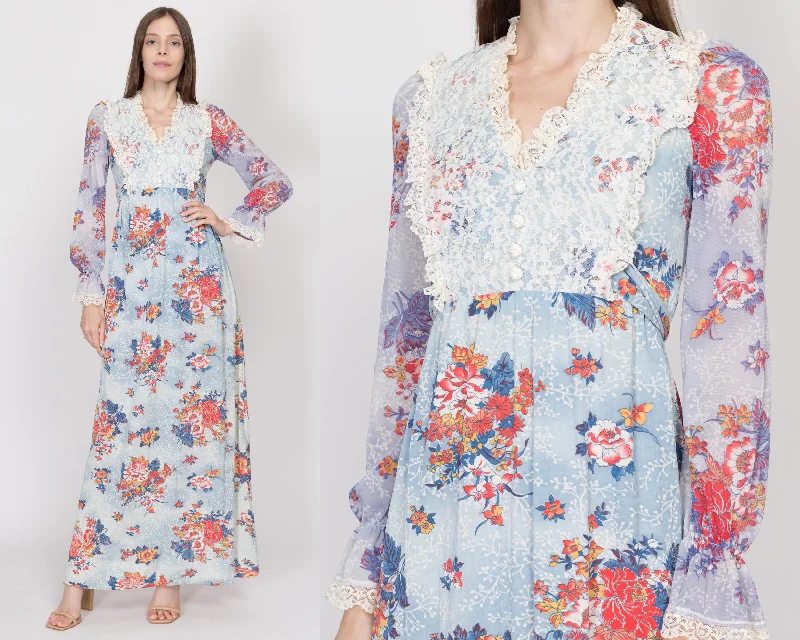 XS 70s Boho Blue Floral Cloudy Sky Maxi Dress