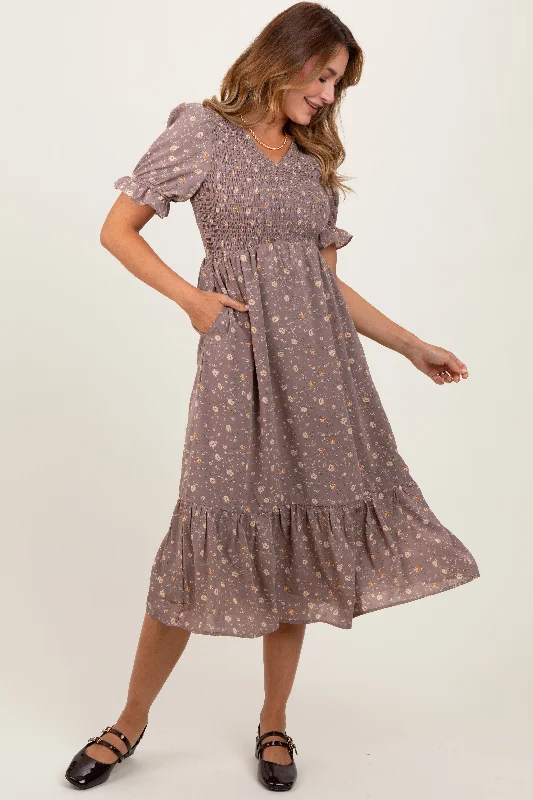 Mauve Floral Print Smocked Ruffle Hem Midi Dress