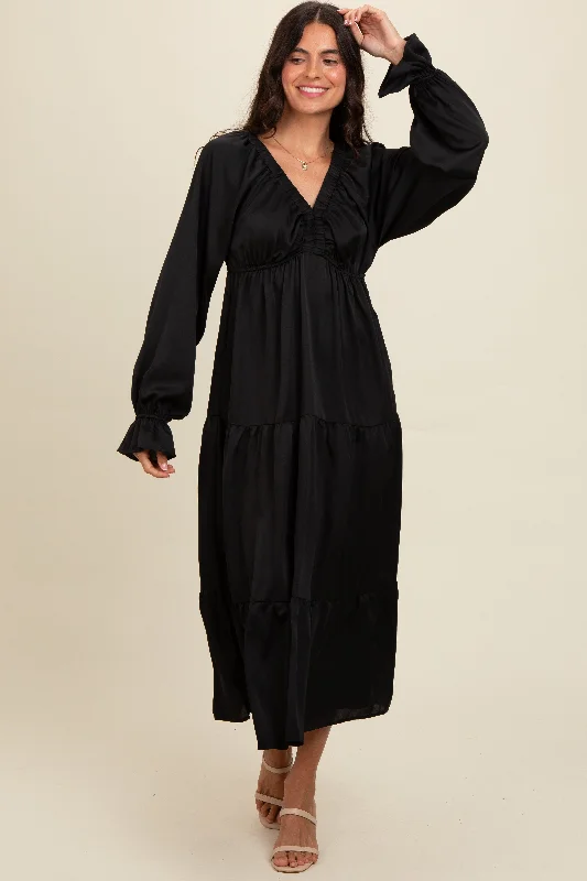 Black Satin V-Neck Tiered Maxi Dress