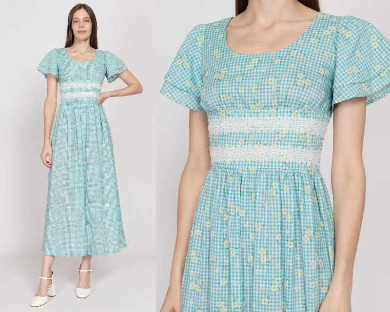 Small 70s Blue Gingham Floral Prairie Maxi Dress