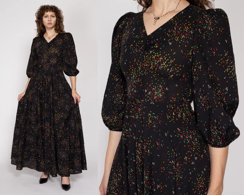 XS 70s Black Cherry Polka Dot Print Maxi Dress