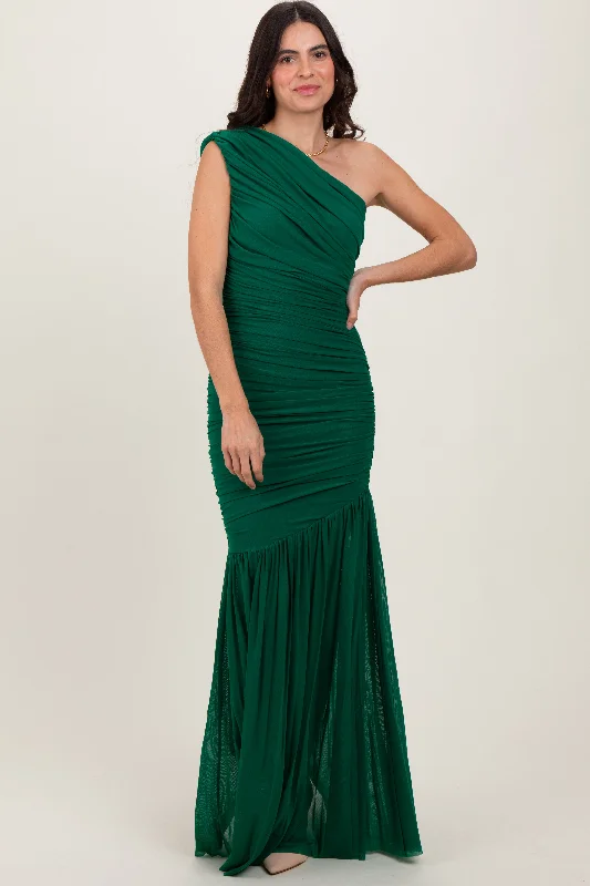 Forest Green Ruched Mesh One Shoulder Maxi Dress