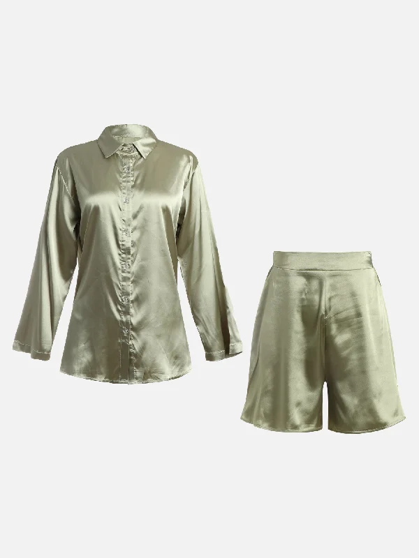 Satin Long Sleeve & High-Waisted Wide Leg Shorts Loungewear Set