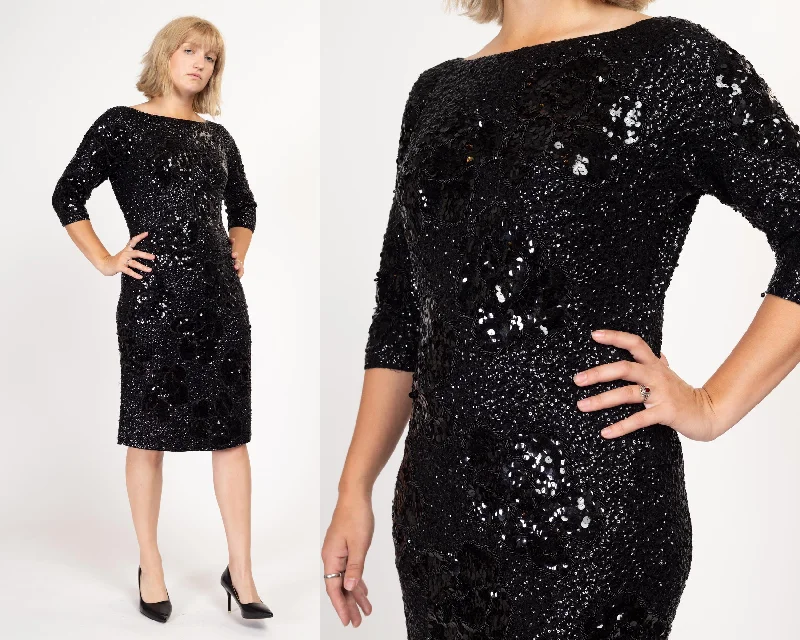 Med-Lrg 50s 60s Gene Shelly Black Sequin Wiggle Dress