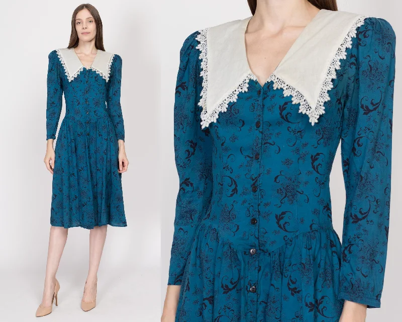 XS 80s Gunne Sax Teal Floral Chelsea Collar Midi Dress