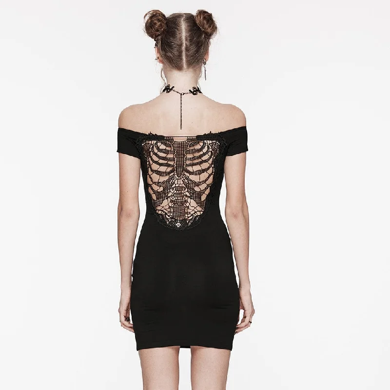 Women's Punk Skeleton Embroidered Off-shoulder Dress