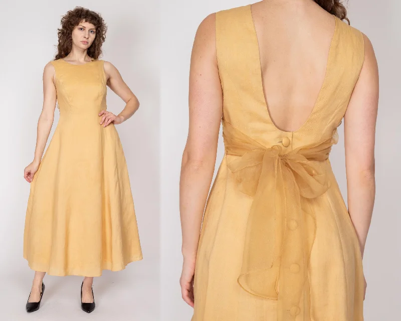 Sm-Med 90s Golden Yellow Low Back Chiffon Tie Maxi Dress, As Is