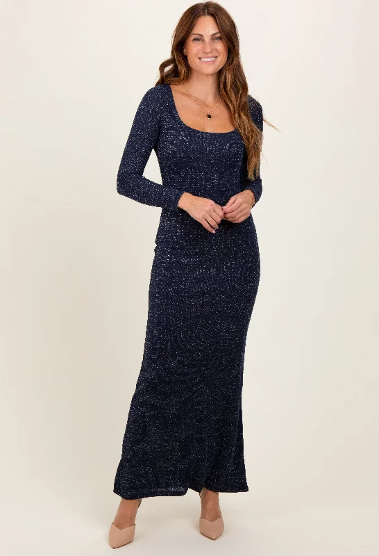 Navy Basic Square Neck Long Sleeve Maxi Dress