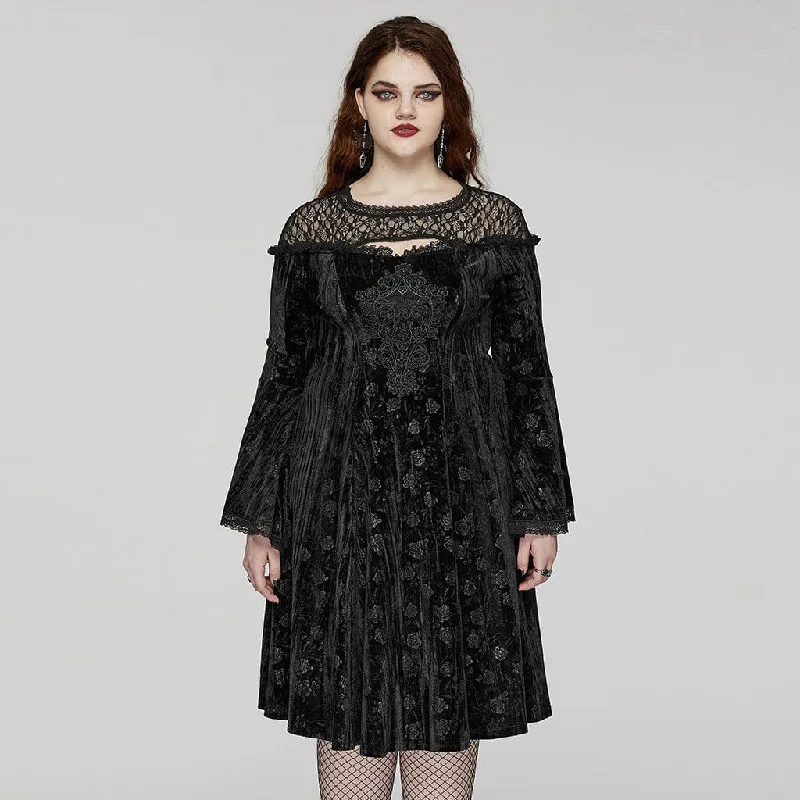 Women's Plus Size Gothic Flared Sleeved Embossed Velvet Formal Dress