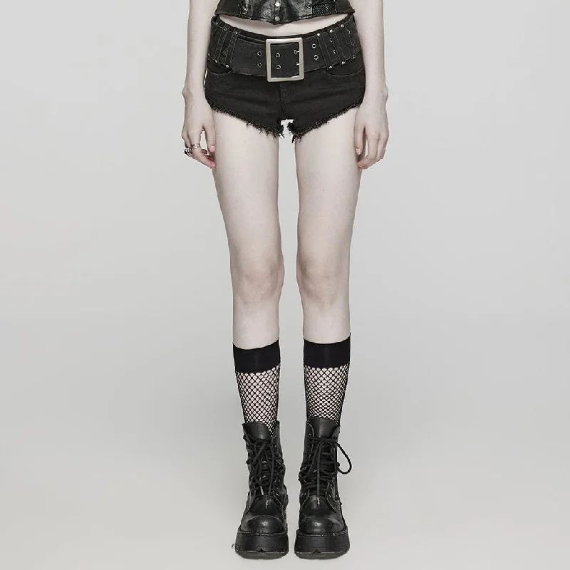 Women's Punk Buckle Eyelets Denim Shorts