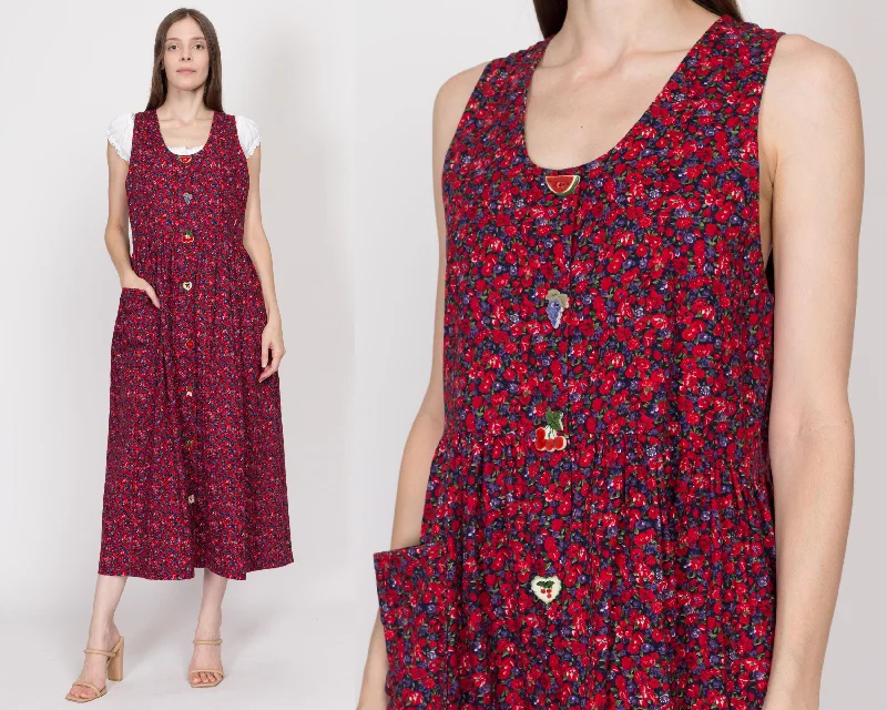 Sm-Med 80s Red Floral Fruit Button Pinafore Dress