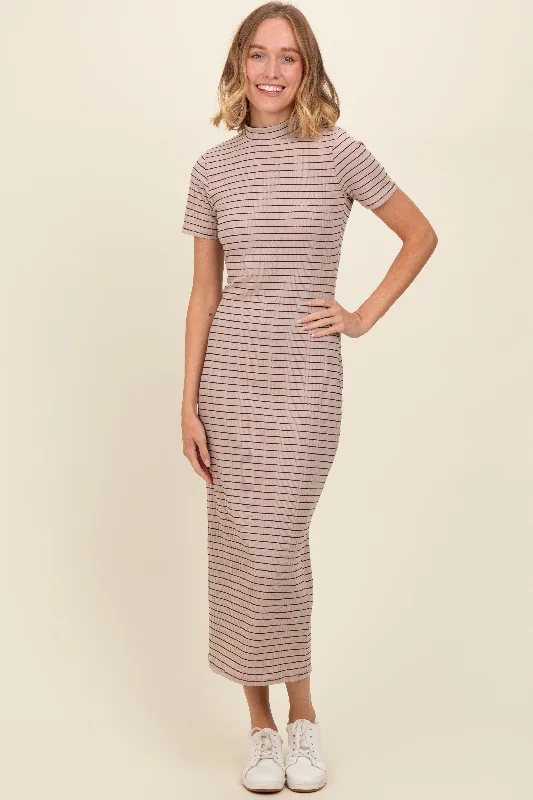 Beige Striped Mock Neck Fitted Midi Dress