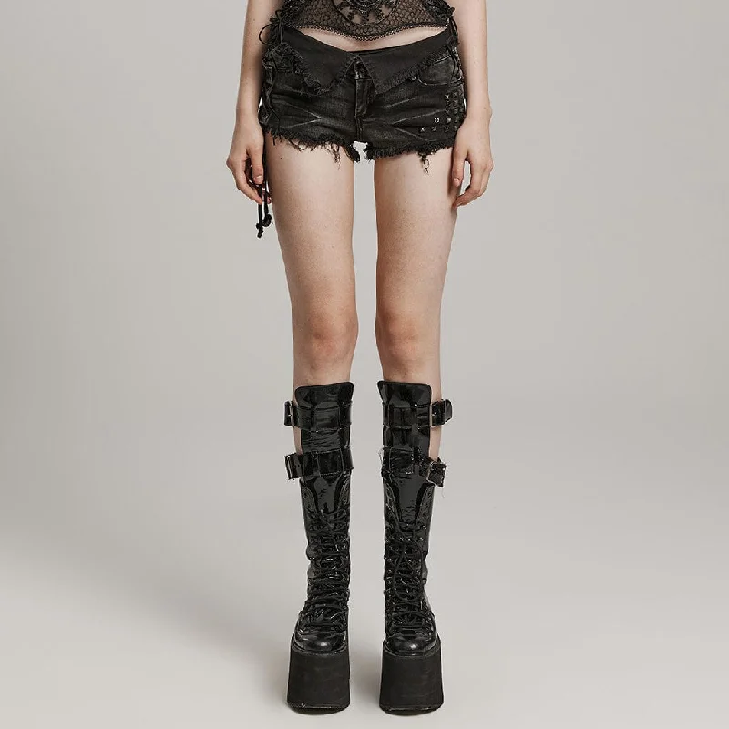 Women's Punk Lace-Up Stud Denim Shorts