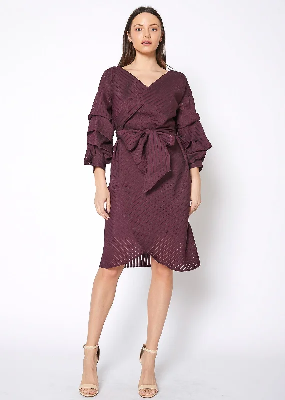 Organza Stripe Wrap Dress In Burgundy