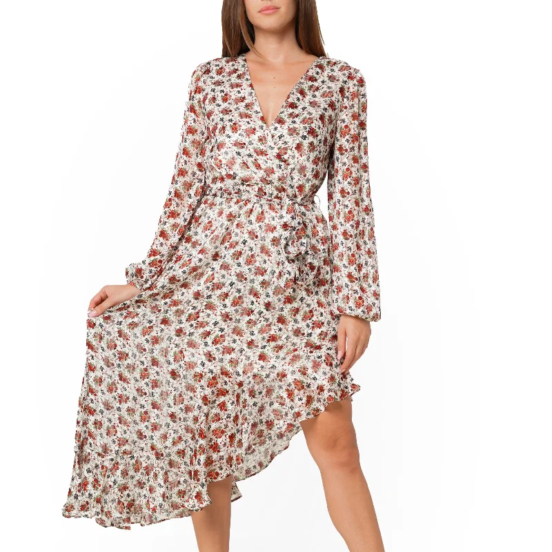 Floral Asymmetrical Ruffle Hem Wrap Dress In Victoria Garden