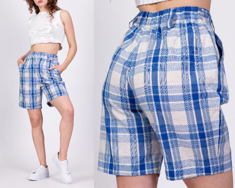 70s Blue & White Plaid Shorts - Medium