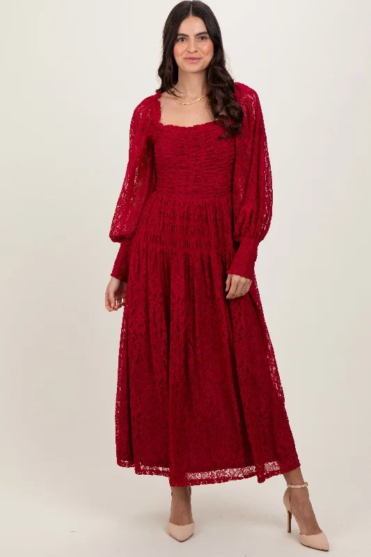 Burgundy Lace Smocked Bubble Sleeve Maxi Dress