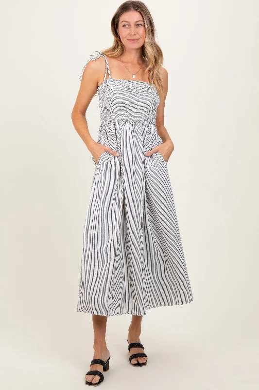 Ivory Striped Shoulder Tie Smocked Maxi Dress