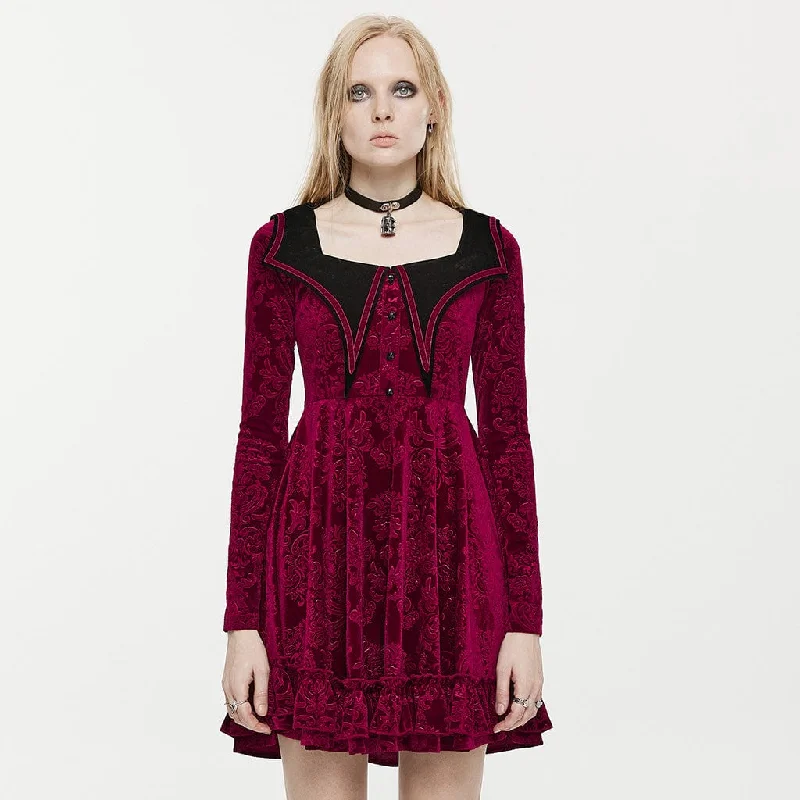 Women's Gothic Bat Collar Embossed Velvet Dress