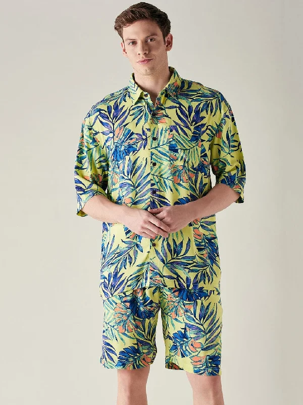 Mens Modal Supersoft Yellow Tropical Print Shorts Set