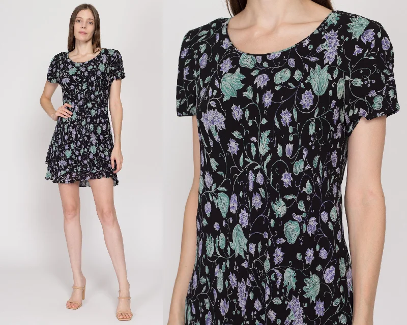 Medium 90s Black Floral Tiered Hem Mini Dress