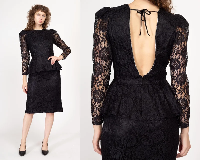 Small 80s Black Lace Backless Peplum Party Dress