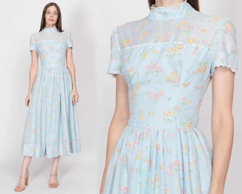 XS 70s Baby Blue Daisy Floral Maxi Dress