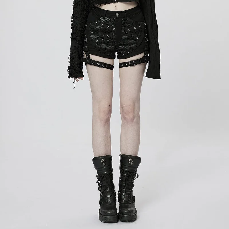 Women's Punk Buckles Splice Mesh Shorts