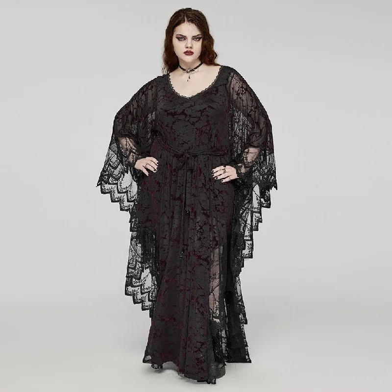 Women's Plus Size Gothic Plunging Bat Sleeved Black Red Witch Dress